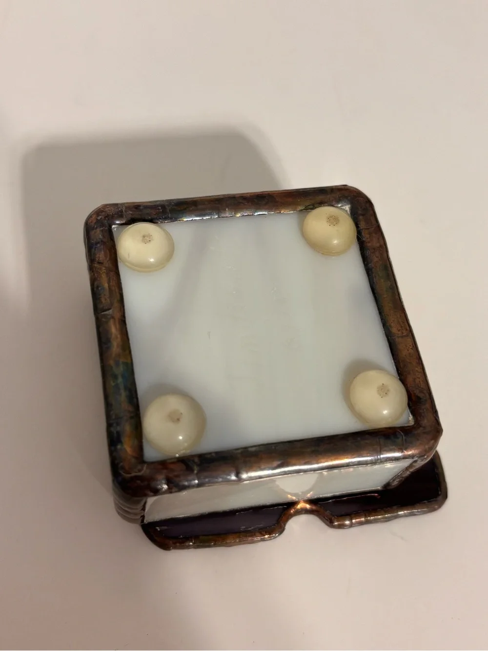 Handmade Stained Glass Trinket Ring Box Purple Flower Yellow Center 2” X 2” Box